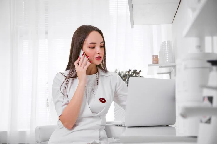 Derma clinic support employee represents contact us . she provides derma clinic address & phone